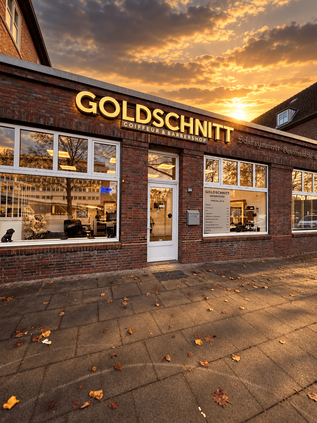 Goldschnitt Barbershop Fassade am Alter Teichweg bei Sonnenuntergang
